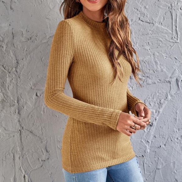 Mustard Yellow Waffle Fitted Basic Mock Neck Top Minimalist - Picture 11 of 15